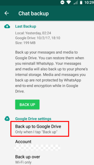 back up whatsapp to google drive