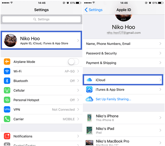 iCloud sttings on iPhone