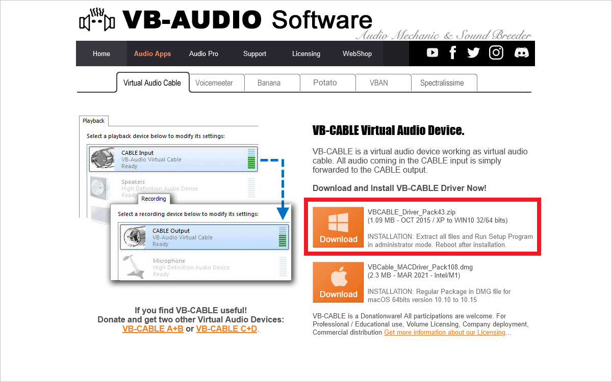 VB-CABLE Virtual Audio Deviceのダウンロード