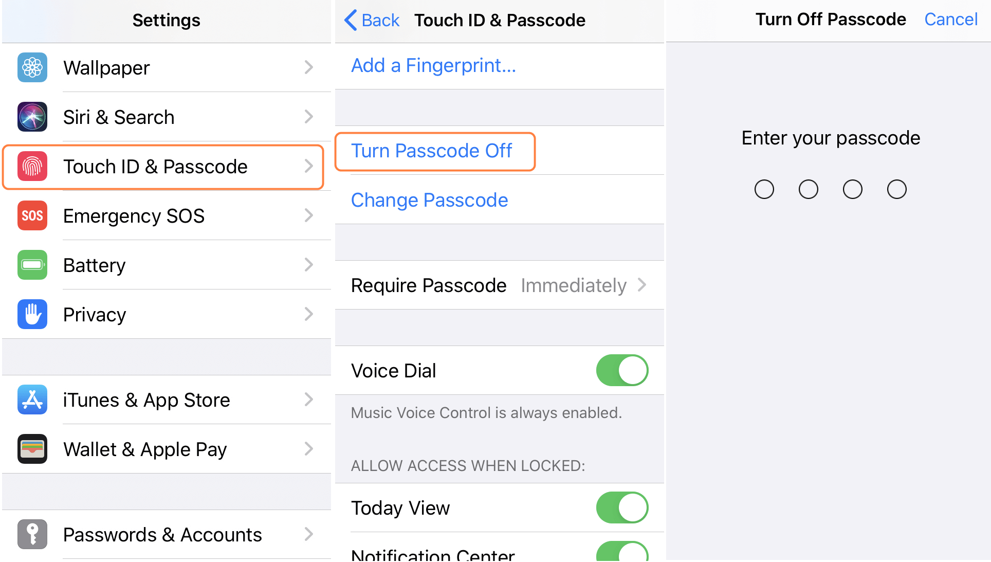 Turn off passcode to remove iPhone screen lock