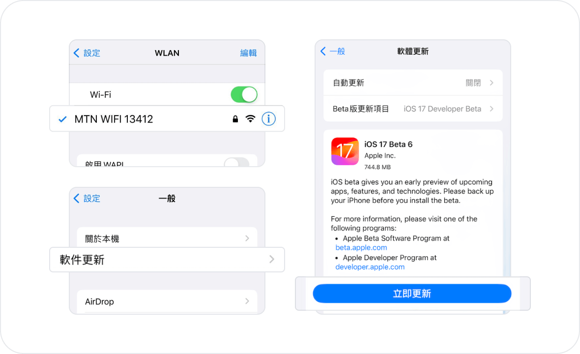 使用Wifi選擇數據類型以更新到iOS 17
