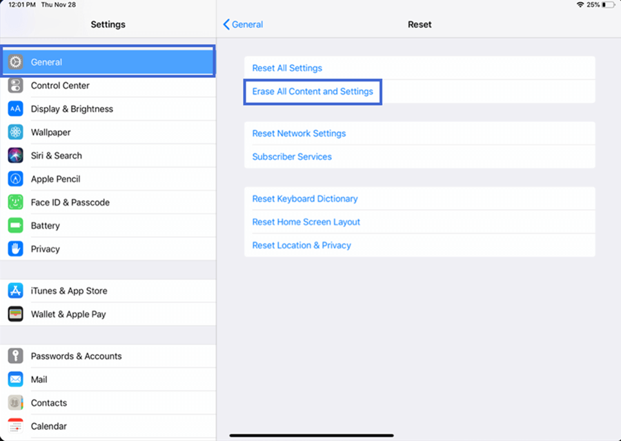 erase all content and settings on iPad
