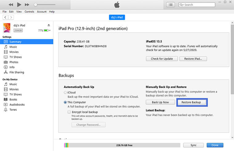 restore backup to iPad via iTunes