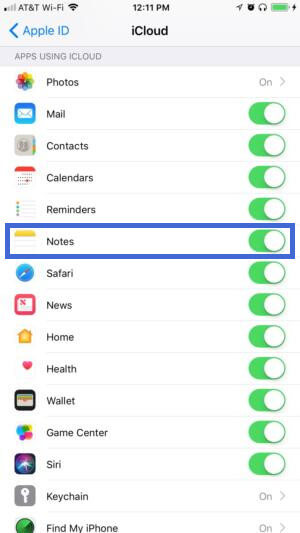 turn iCloud notes on and off