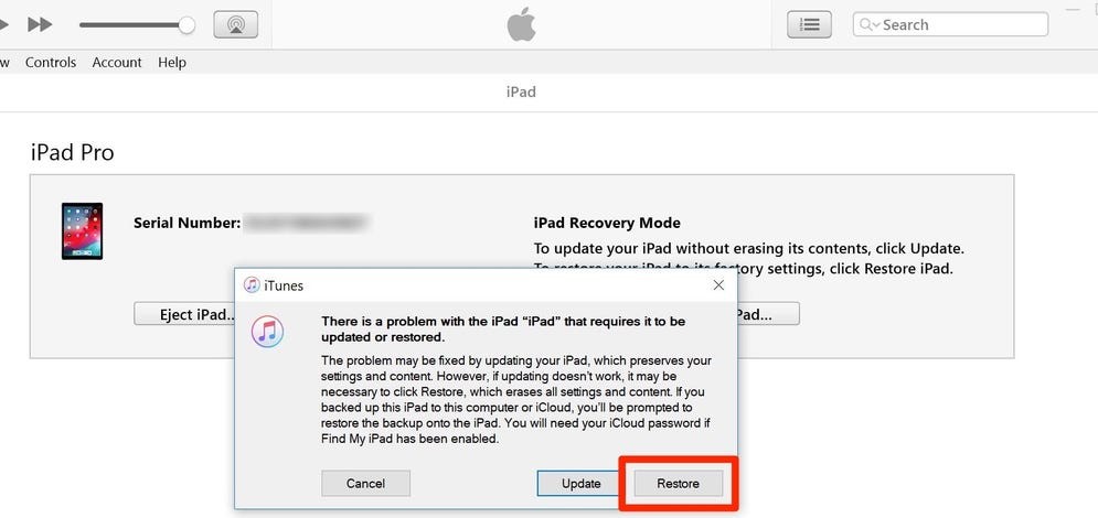 restore iPad via iTunes